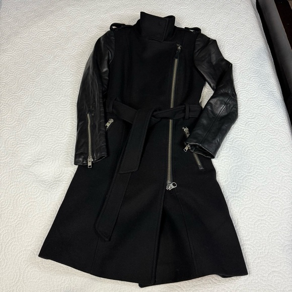 Mackage Dale Black Trench Coat with Leather Sleeves - Picture 10 of 16